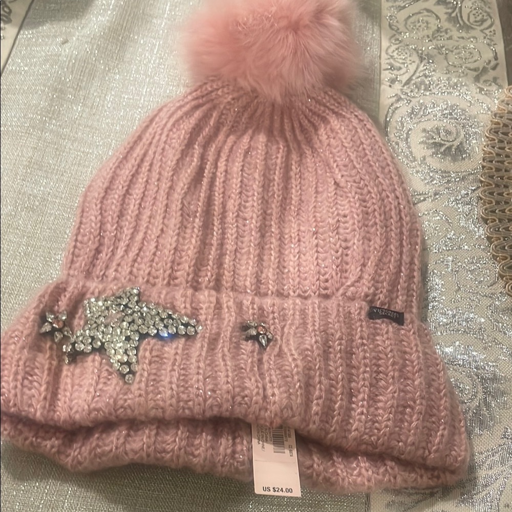 Victoria's Secret Pink Knit Beanie Hat with Pom Pom